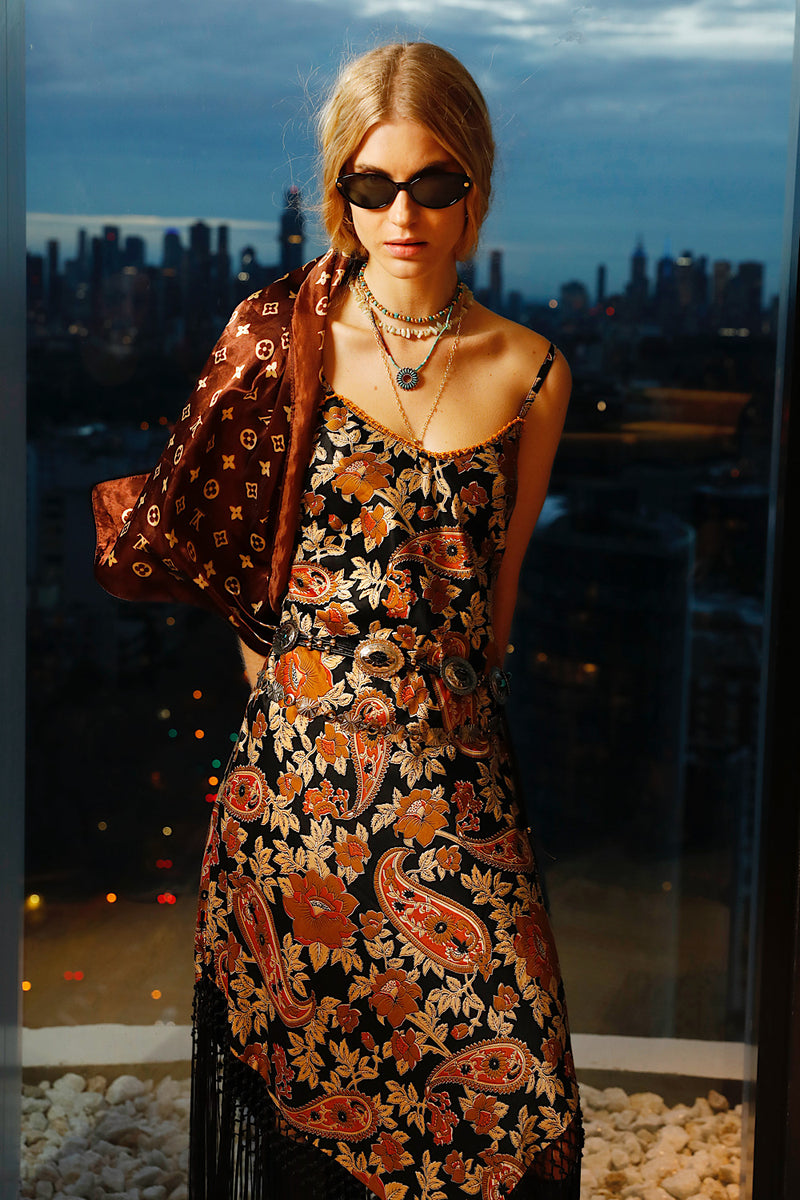 Wonderful Tonight Silk + Fringe Slip Dress - Midnight Paisley