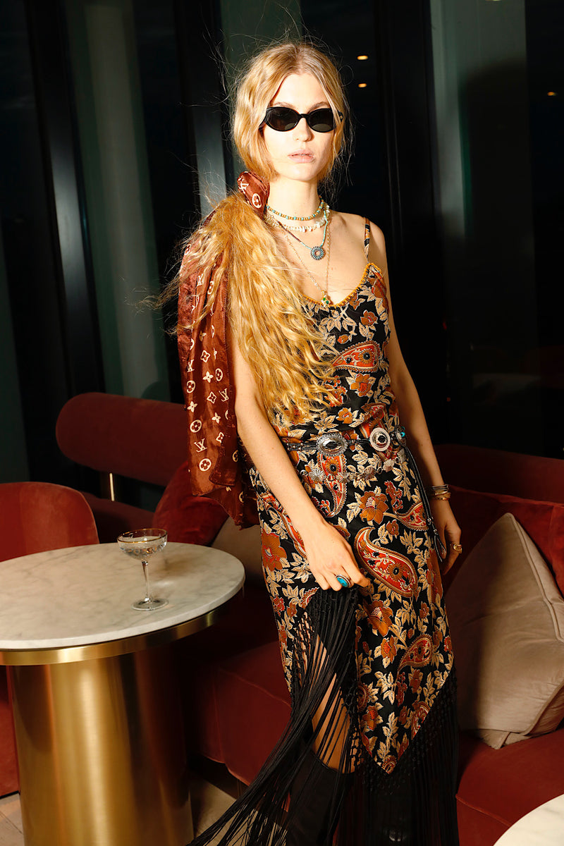 Wonderful Tonight Silk + Fringe Slip Dress - Midnight Paisley