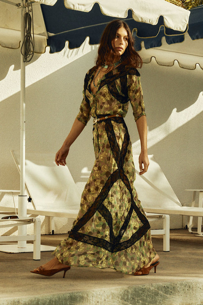 Angel Baby Silk + Lace Maxi Dress - Green Rose