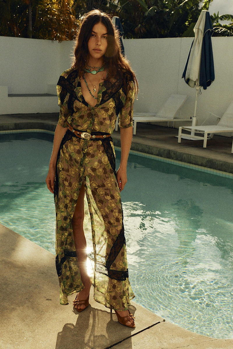 Angel Baby Silk + Lace Maxi Dress - Green Rose
