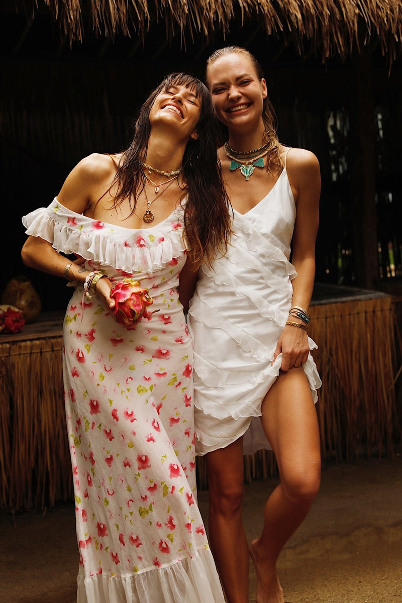 White Feather Silk Ruffle Mini Dress