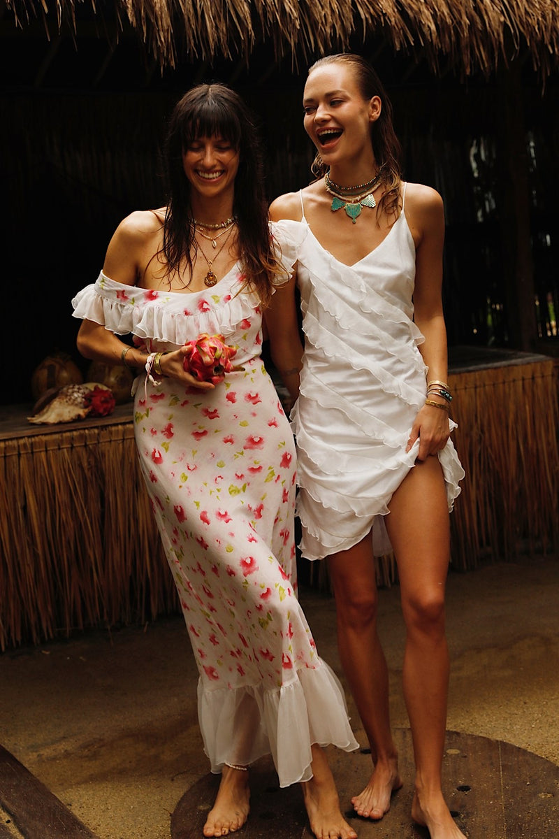 White Feather Silk Ruffle Mini Dress