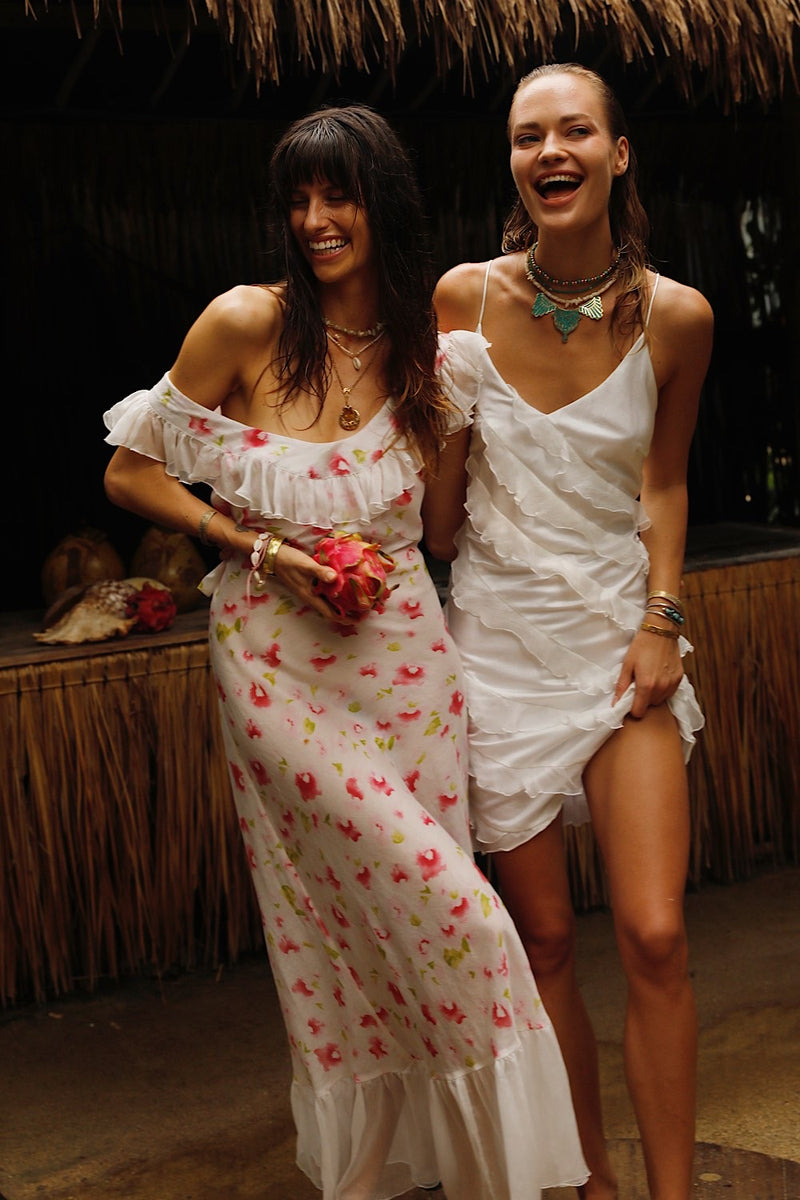 Petals Ruffle Silk Maxi Dress