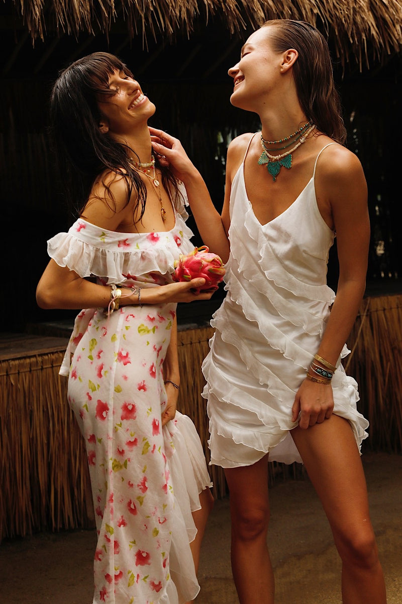 White Feather Silk Ruffle Mini Dress