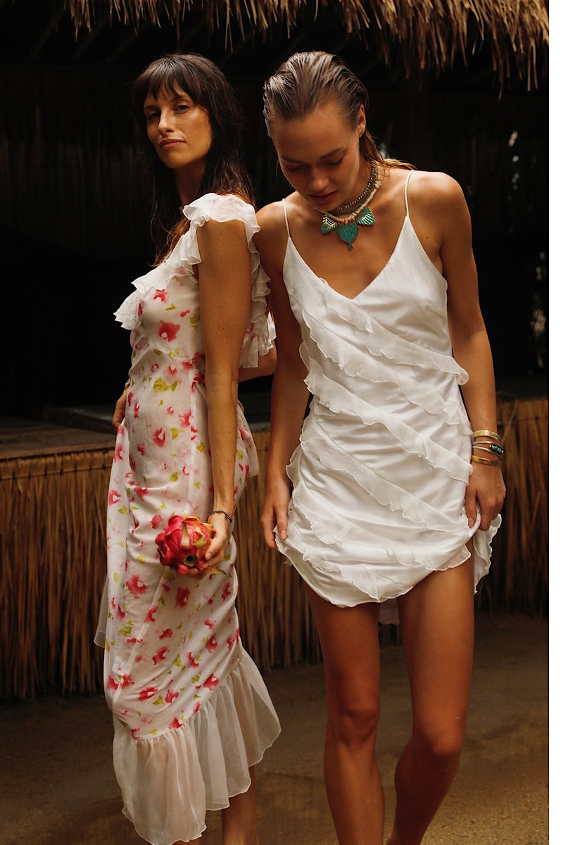 White Feather Silk Ruffle Mini Dress