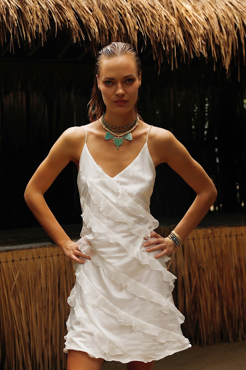 White Feather Silk Ruffle Mini Dress