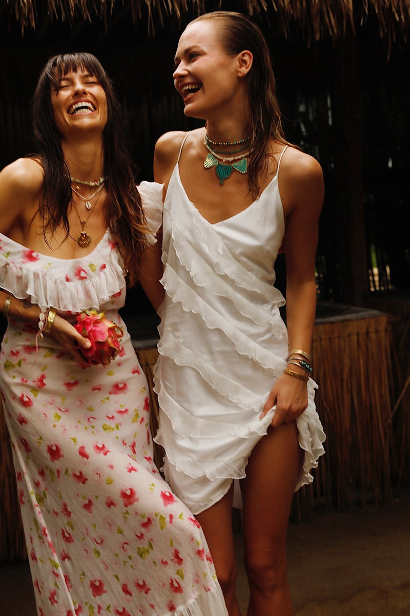 White Feather Silk Ruffle Mini Dress