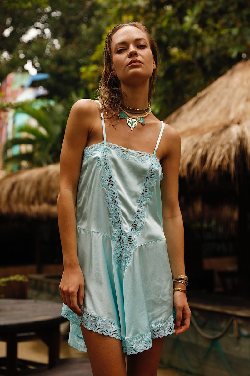 Austin Silk Satin + Lace Mini Dress - Turquoise