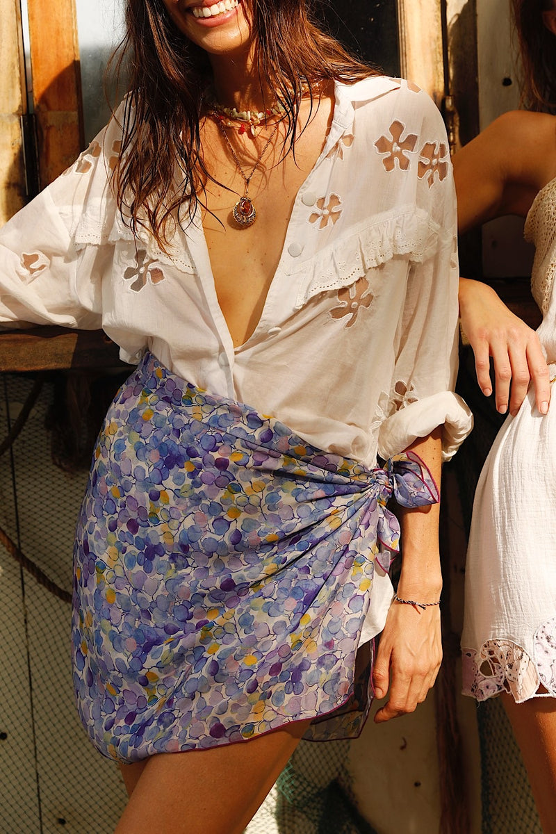 Cherry Blossom Girl Hand Painted Silk Sarong - Blue