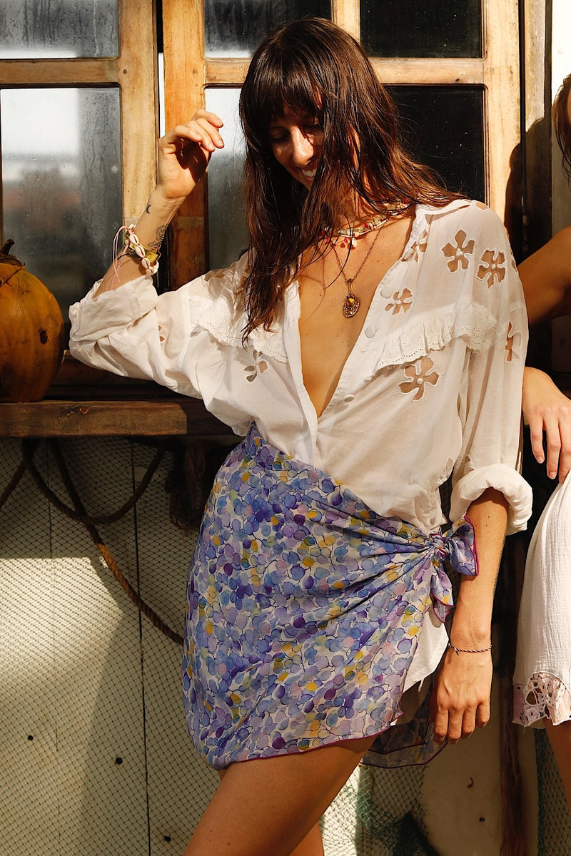 Cherry Blossom Girl Hand Painted Silk Sarong - Blue