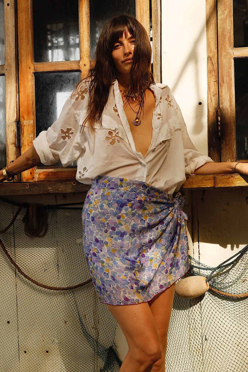 Cherry Blossom Girl Hand Painted Silk Sarong - Blue