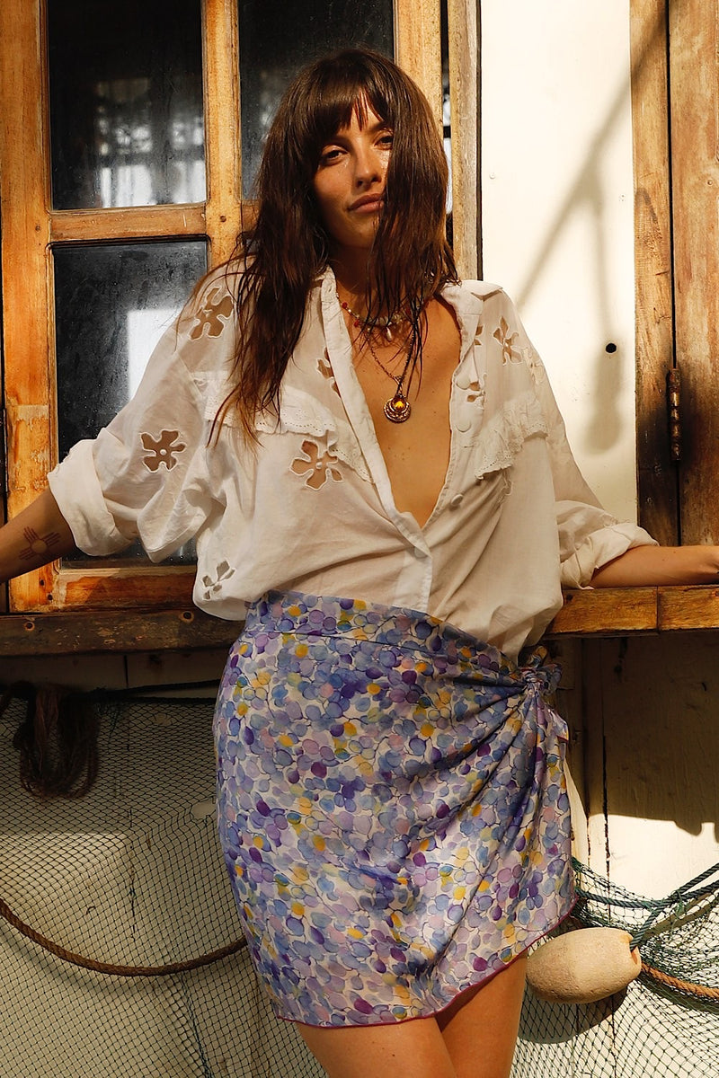 Cherry Blossom Girl Hand Painted Silk Sarong - Blue