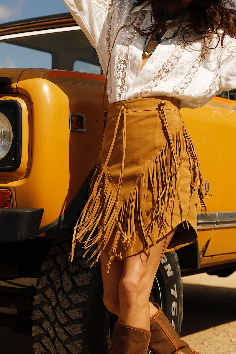 Bluebird Suede Fringe Skirt - Tan