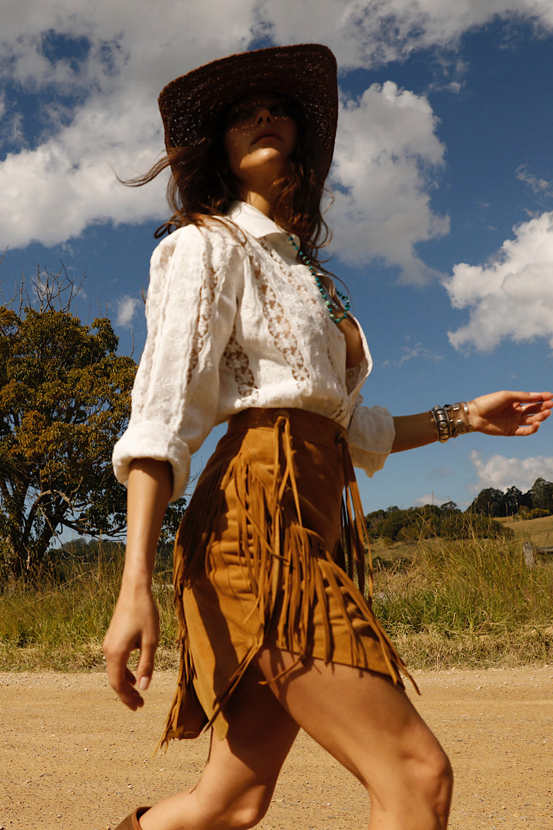 Bluebird Suede Fringe Skirt - Tan