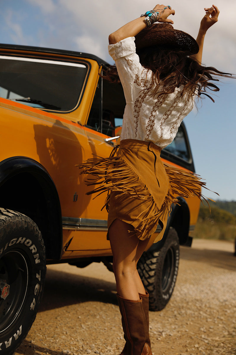 Bluebird Suede Fringe Skirt - Tan