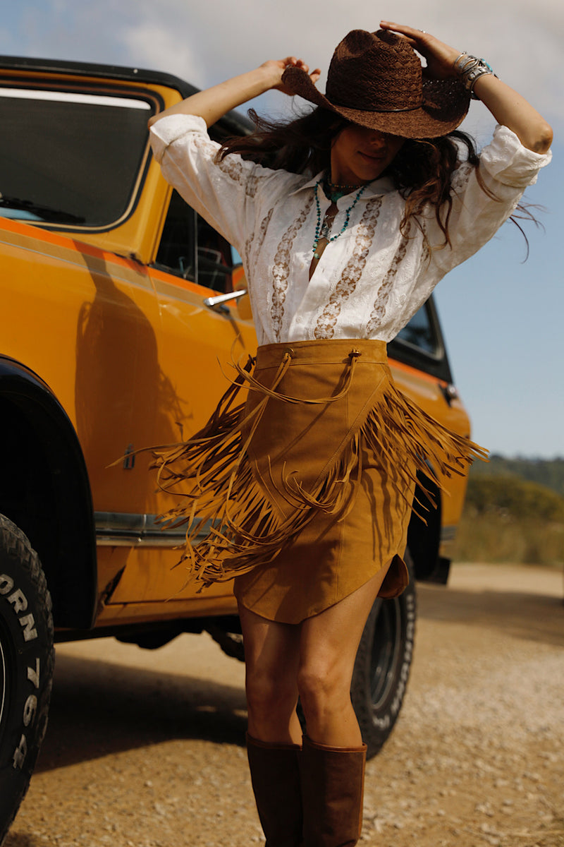 Bluebird Suede Fringe Skirt - Tan