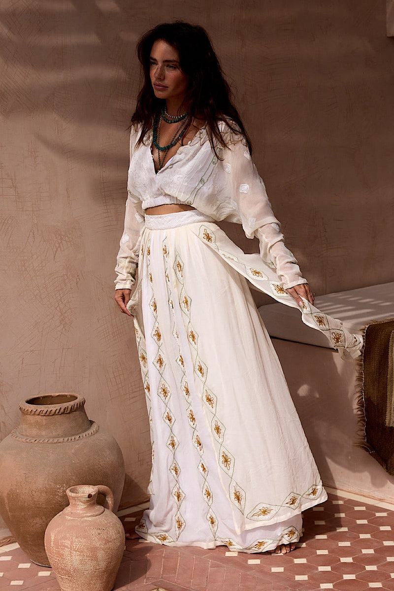 A Woman in Love Silk Embroidered Maxi Skirt - Chasing Unicorns