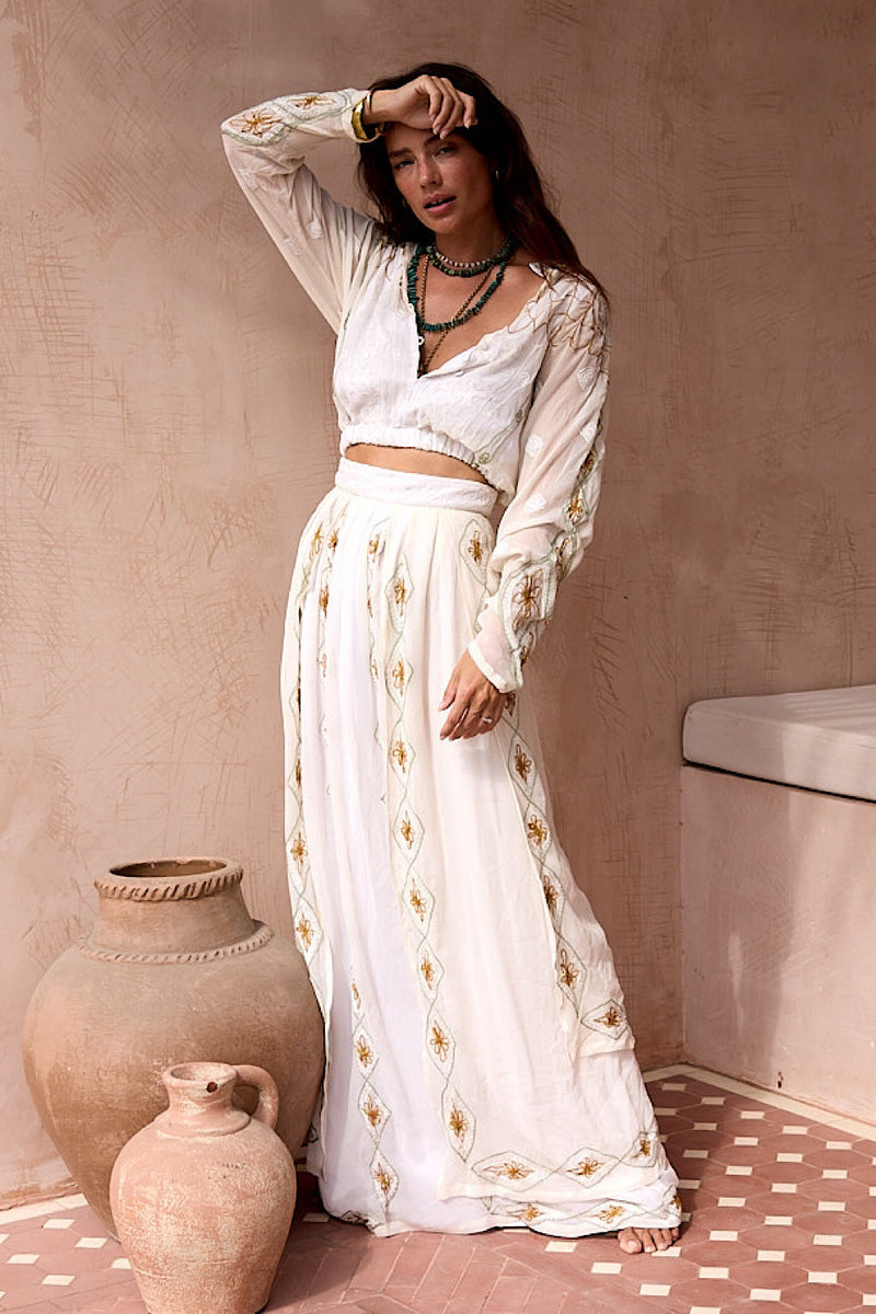 A Woman in Love Silk Embroidered Maxi Skirt - Chasing Unicorns