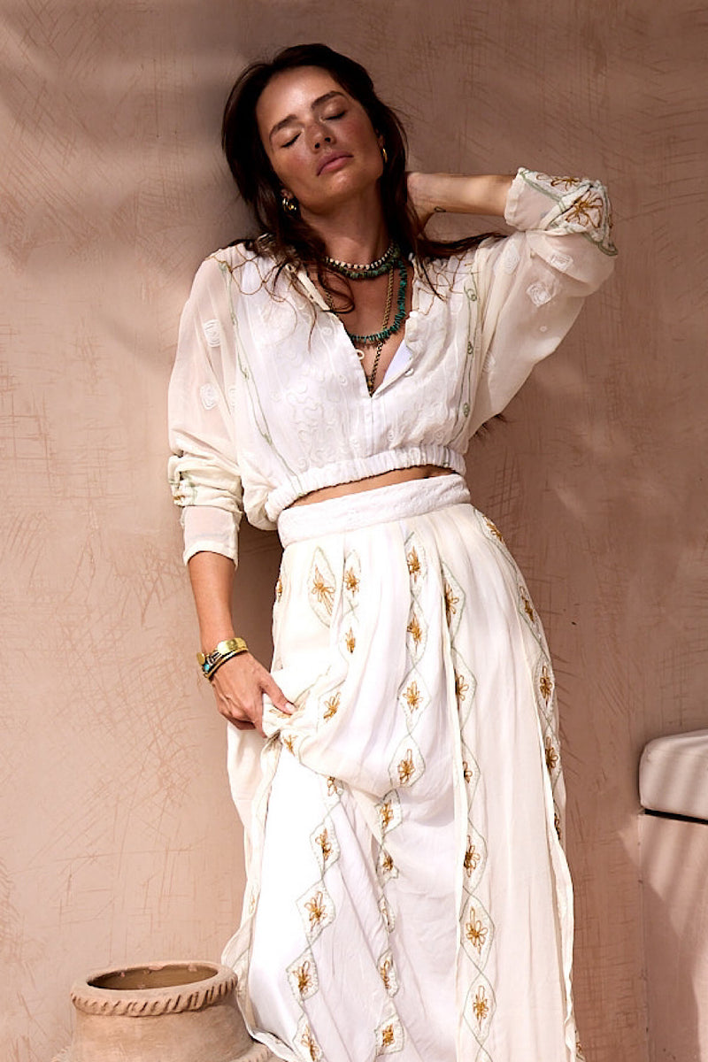 A Woman in Love Silk Embroidered Maxi Skirt - Chasing Unicorns