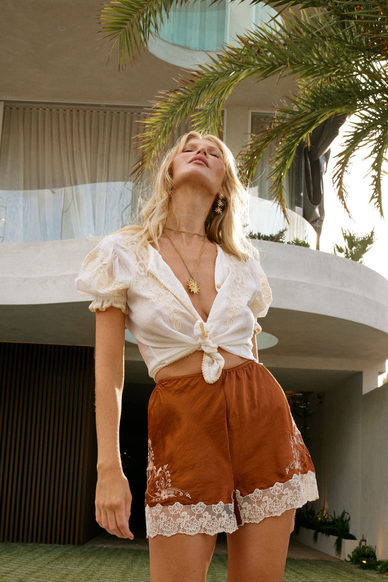 Brown Sugar Embroidered Silk Satin Shorts - Chasing Unicorns