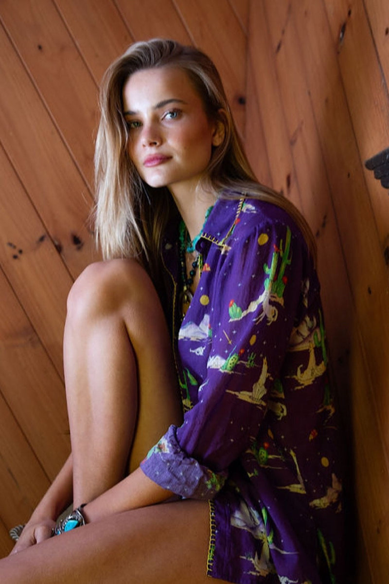 Cactus Tree Cotton Gauze Long Sleeve Shirt - Chasing Unicorns