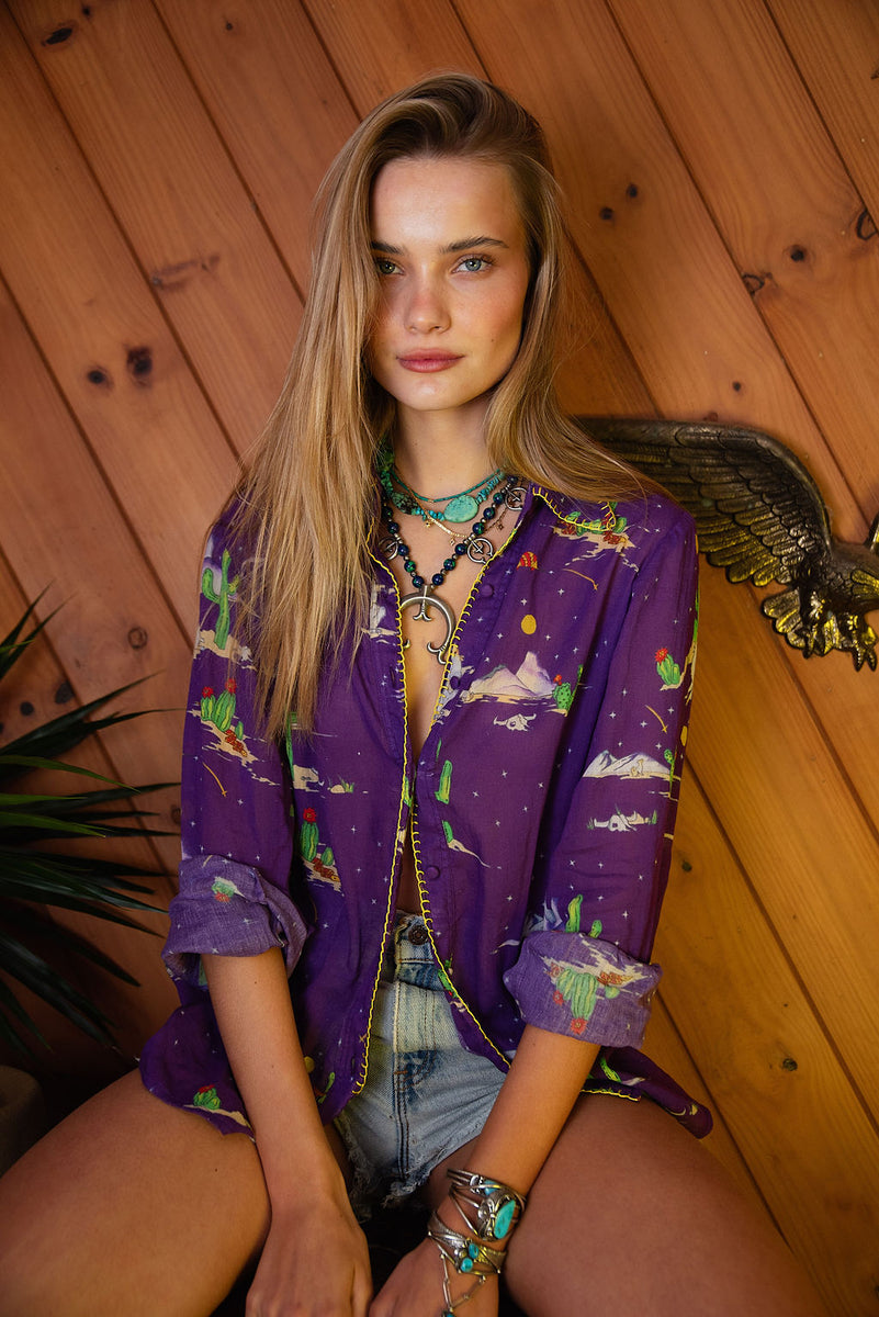 Cactus Tree Cotton Gauze Long Sleeve Shirt - Chasing Unicorns