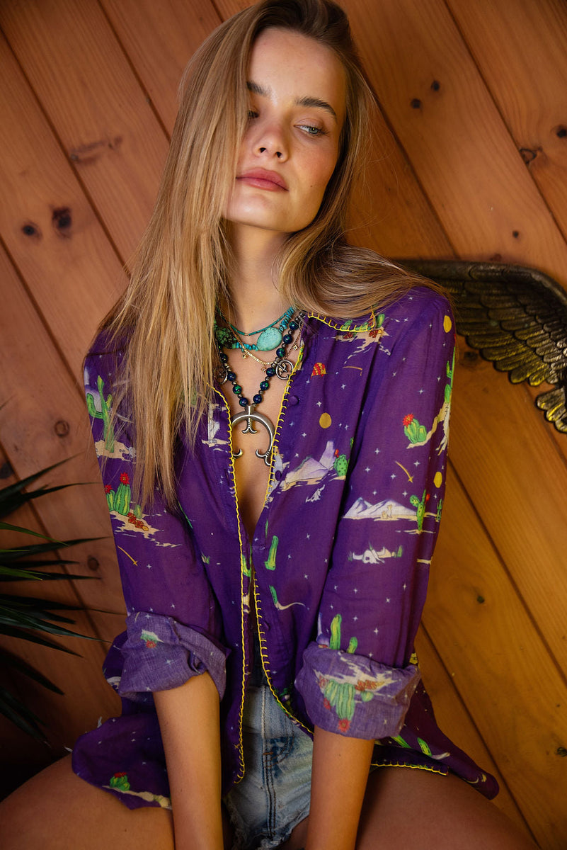 Cactus Tree Cotton Gauze Long Sleeve Shirt - Chasing Unicorns