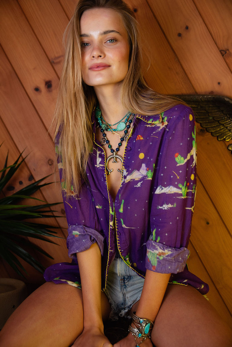 Cactus Tree Cotton Gauze Long Sleeve Shirt - Chasing Unicorns