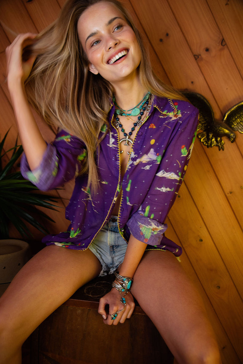 Cactus Tree Cotton Gauze Long Sleeve Shirt - Chasing Unicorns