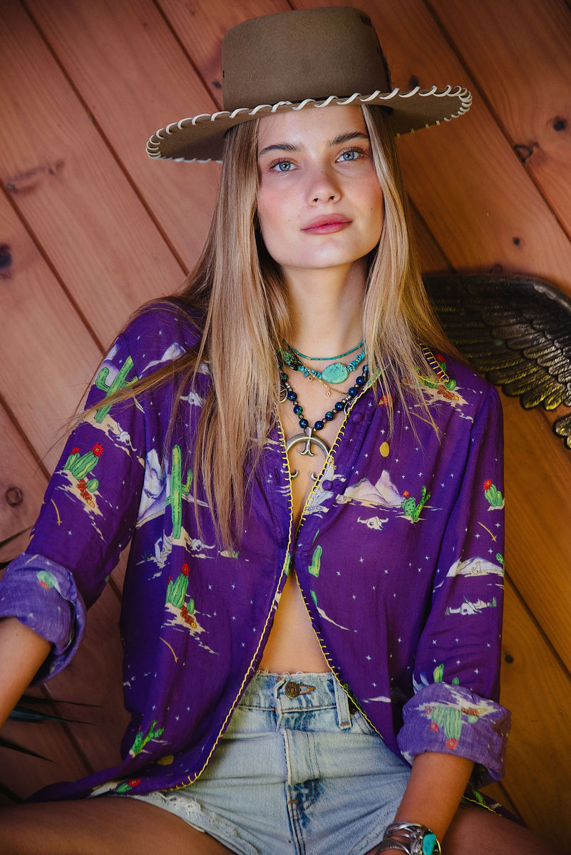 Cactus Tree Cotton Gauze Long Sleeve Shirt - Chasing Unicorns