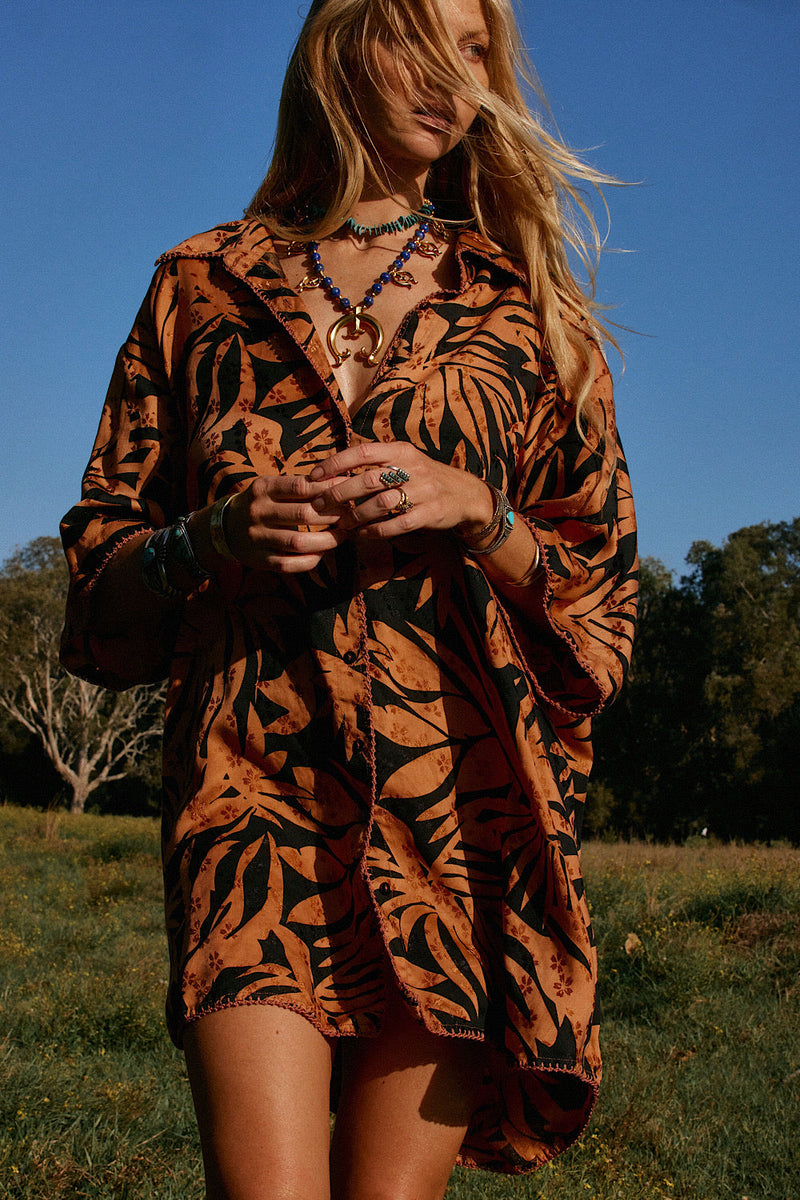 Calypso Blues Silk Jacquard Super Oversized Shirt - Chasing Unicorns