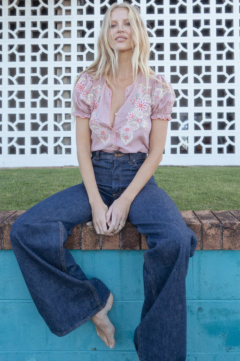 Calypso Cotton Gauze Embroidered Short Sleeve Blouse - dusty mauve - Chasing Unicorns
