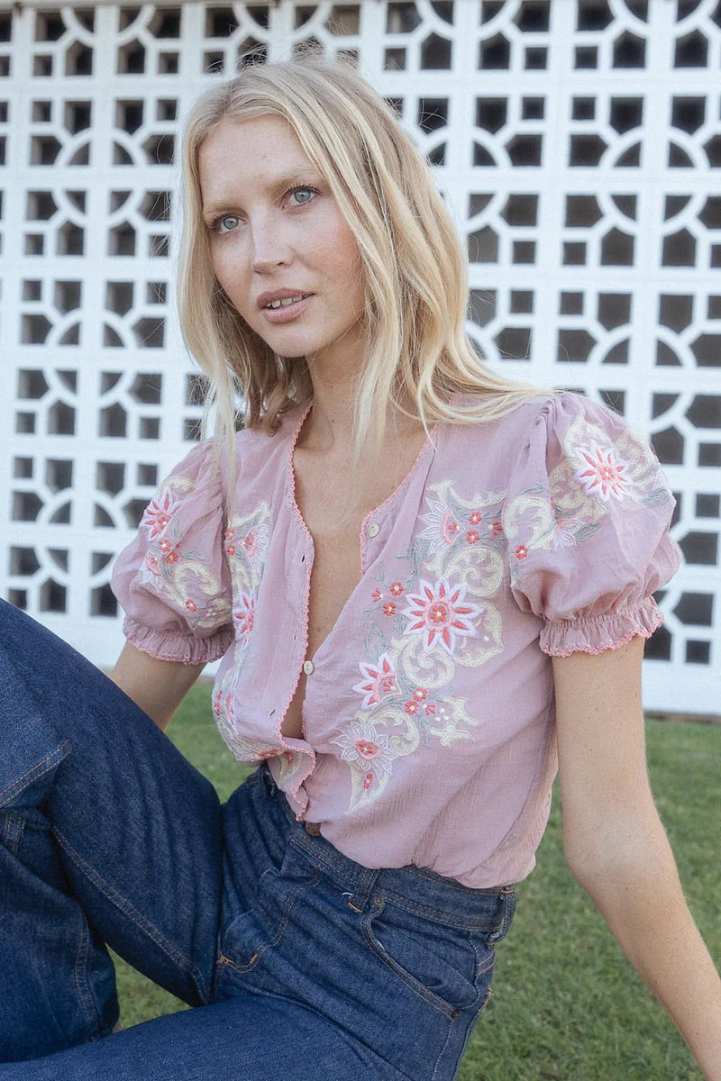 Calypso Cotton Gauze Embroidered Short Sleeve Blouse - dusty mauve - Chasing Unicorns