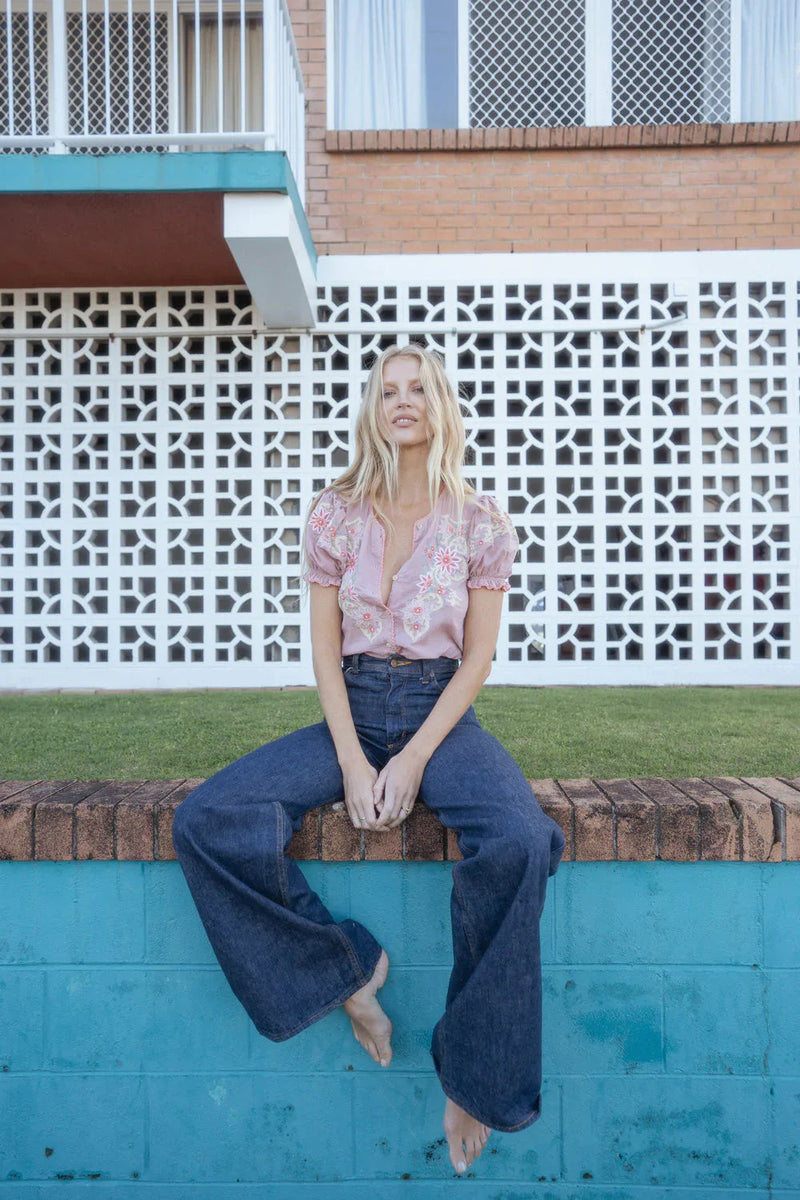 Calypso Cotton Gauze Embroidered Short Sleeve Blouse - dusty mauve - Chasing Unicorns