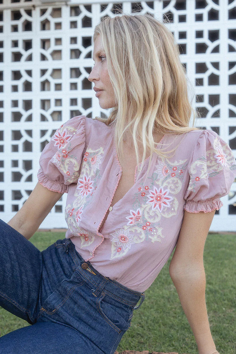 Calypso Cotton Gauze Embroidered Short Sleeve Blouse - dusty mauve - Chasing Unicorns