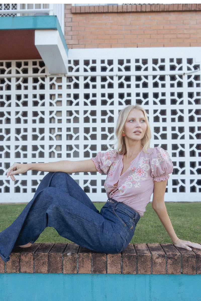 Calypso Cotton Gauze Embroidered Short Sleeve Blouse - dusty mauve - Chasing Unicorns