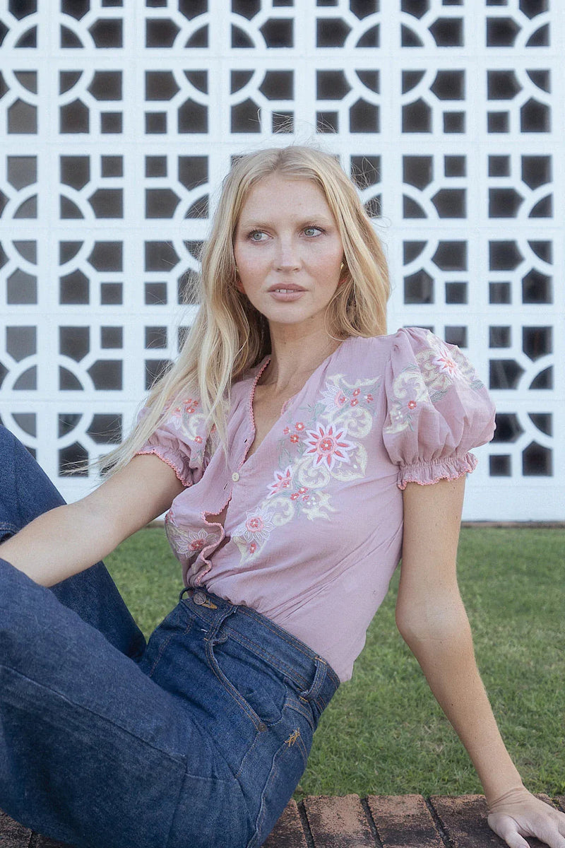 Calypso Cotton Gauze Embroidered Short Sleeve Blouse - dusty mauve - Chasing Unicorns