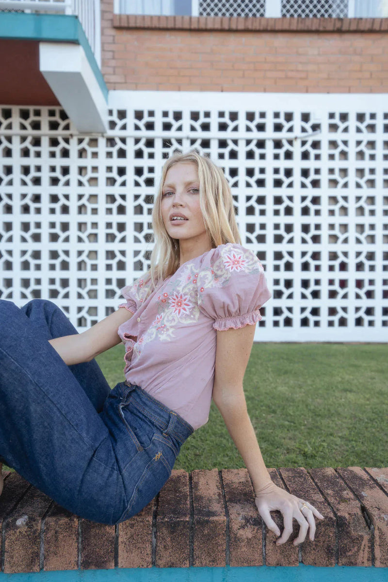 Calypso Cotton Gauze Embroidered Short Sleeve Blouse - dusty mauve - Chasing Unicorns