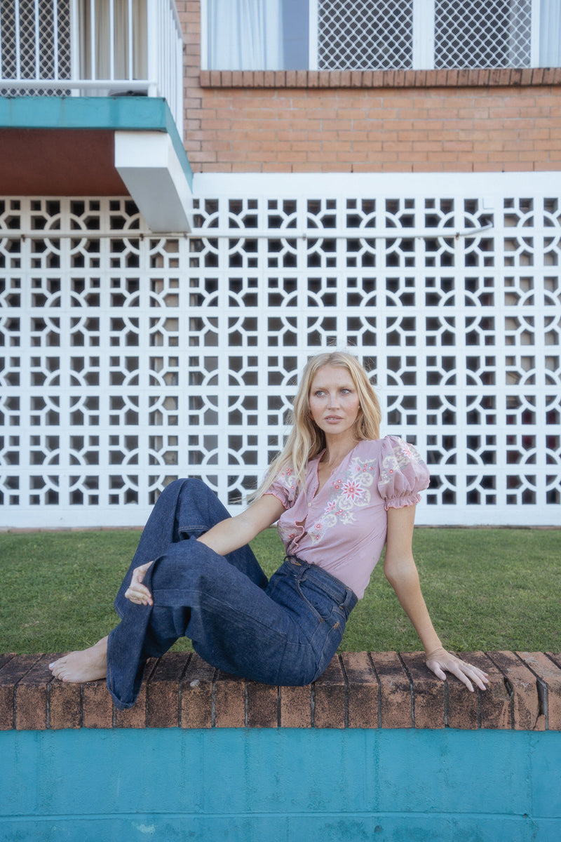 Calypso Cotton Gauze Embroidered Short Sleeve Blouse - dusty mauve - Chasing Unicorns