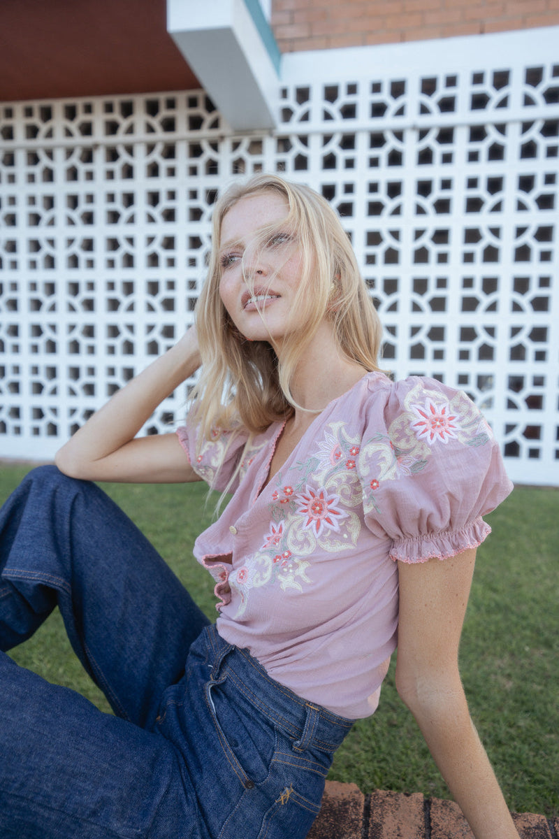 Calypso Cotton Gauze Embroidered Short Sleeve Blouse - dusty mauve - Chasing Unicorns