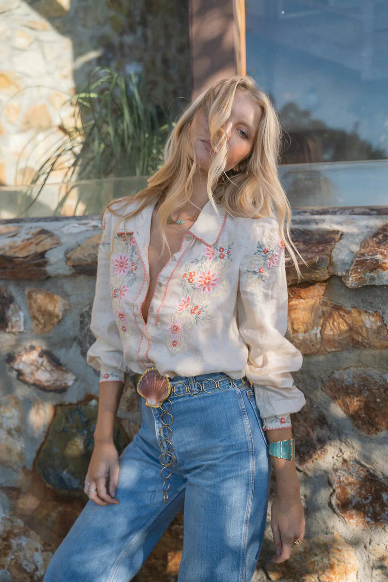 Calypso Linen Embroidered Blouse - Chasing Unicorns