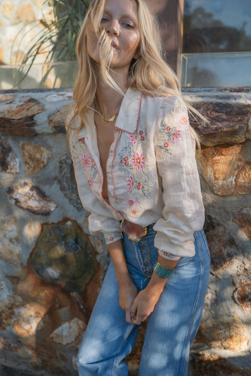 Calypso Linen Embroidered Blouse - Chasing Unicorns