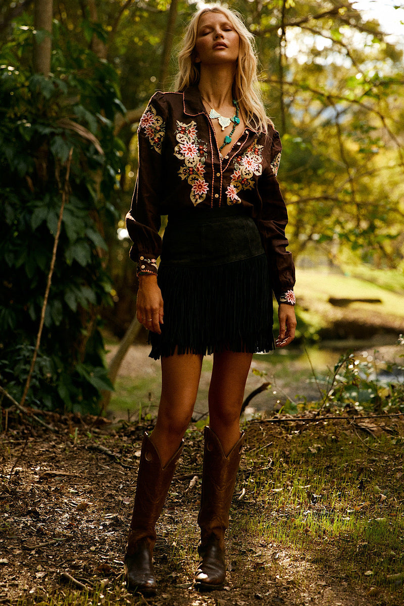 Calypso Linen Embroidered Blouse - Dark Chocolate - Chasing Unicorns