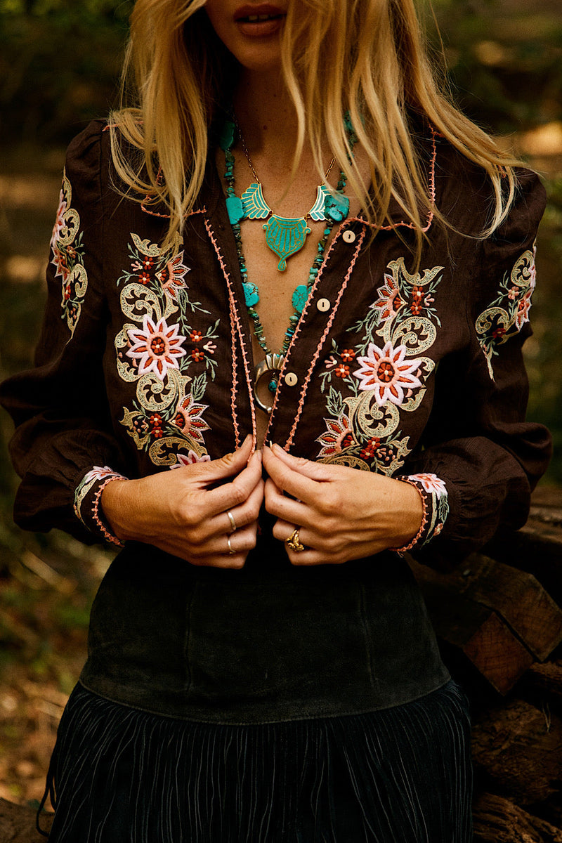 Calypso Linen Embroidered Blouse - Dark Chocolate - Chasing Unicorns