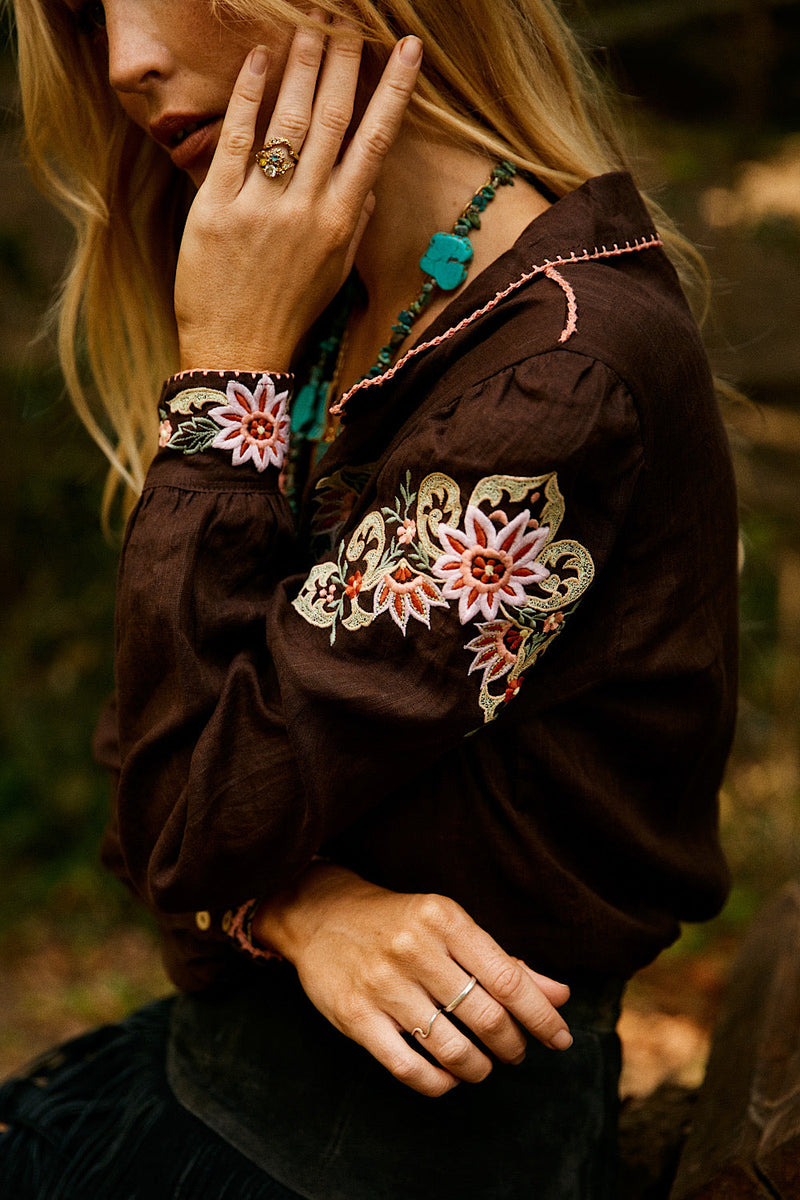 Calypso Linen Embroidered Blouse - Dark Chocolate - Chasing Unicorns