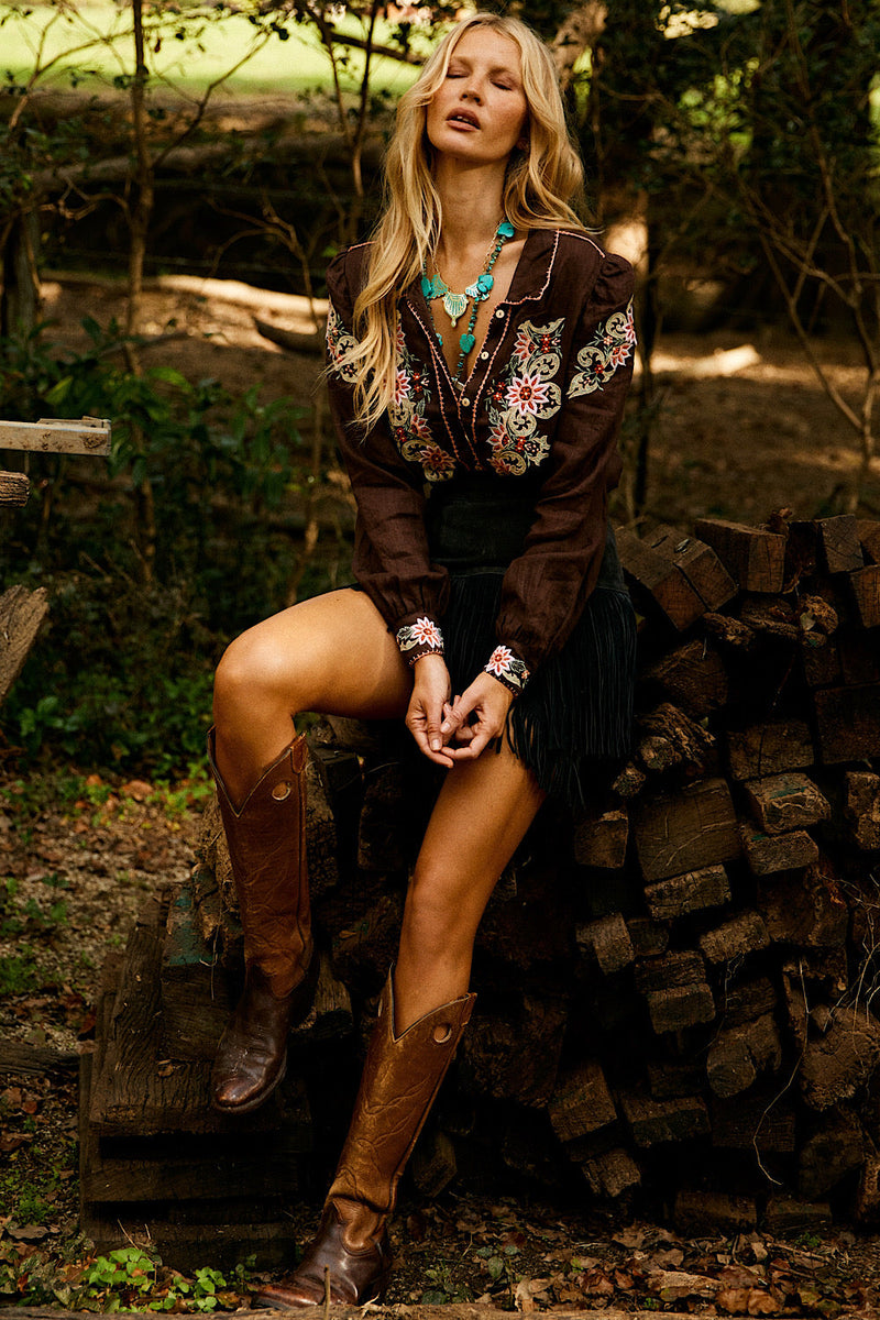 Calypso Linen Embroidered Blouse - Dark Chocolate - Chasing Unicorns