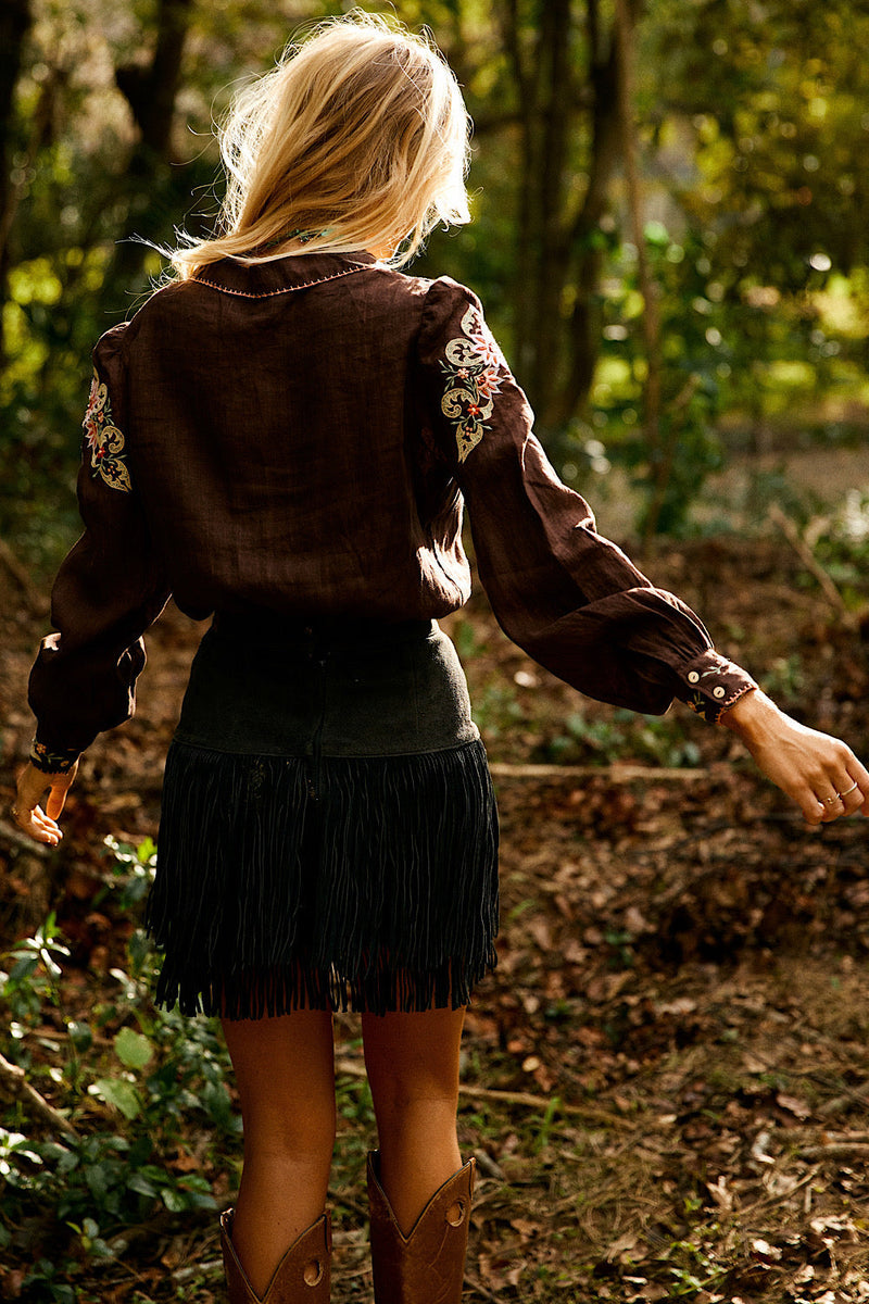 Calypso Linen Embroidered Blouse - Dark Chocolate - Chasing Unicorns