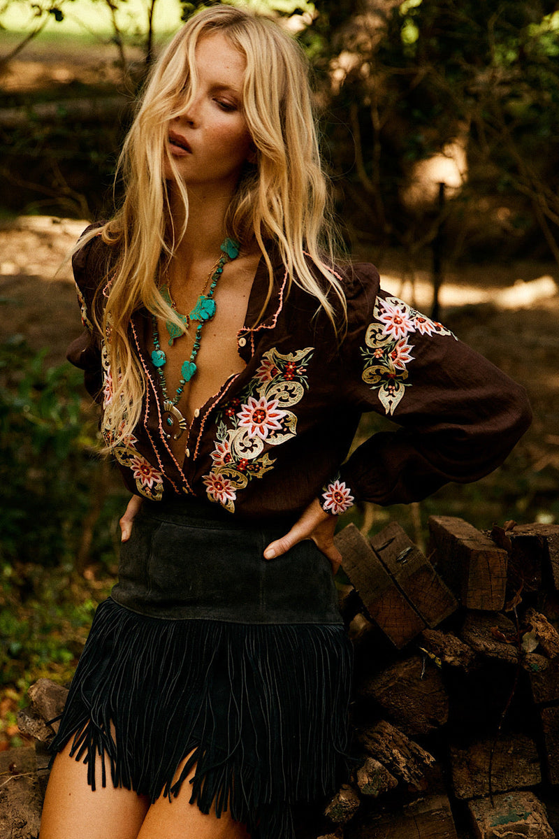 Calypso Linen Embroidered Blouse - Dark Chocolate - Chasing Unicorns