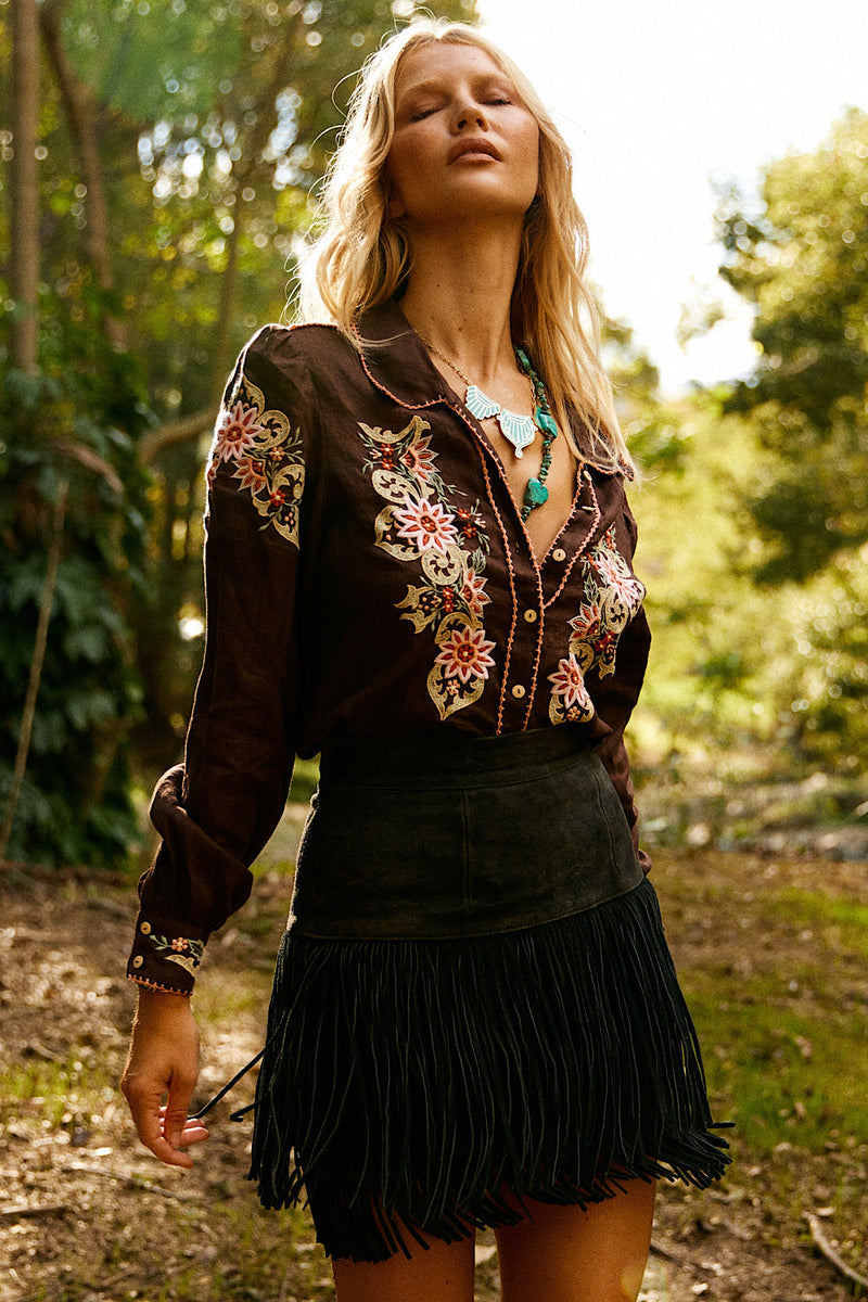 Calypso Linen Embroidered Blouse - Dark Chocolate - Chasing Unicorns