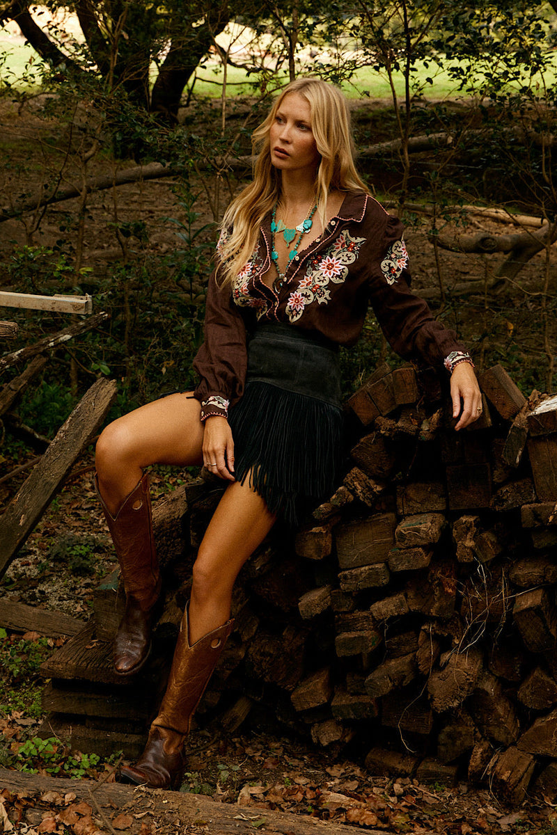 Calypso Linen Embroidered Blouse - Dark Chocolate - Chasing Unicorns